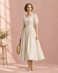 Natural oatmeal linen midi dress with short puff sleeves