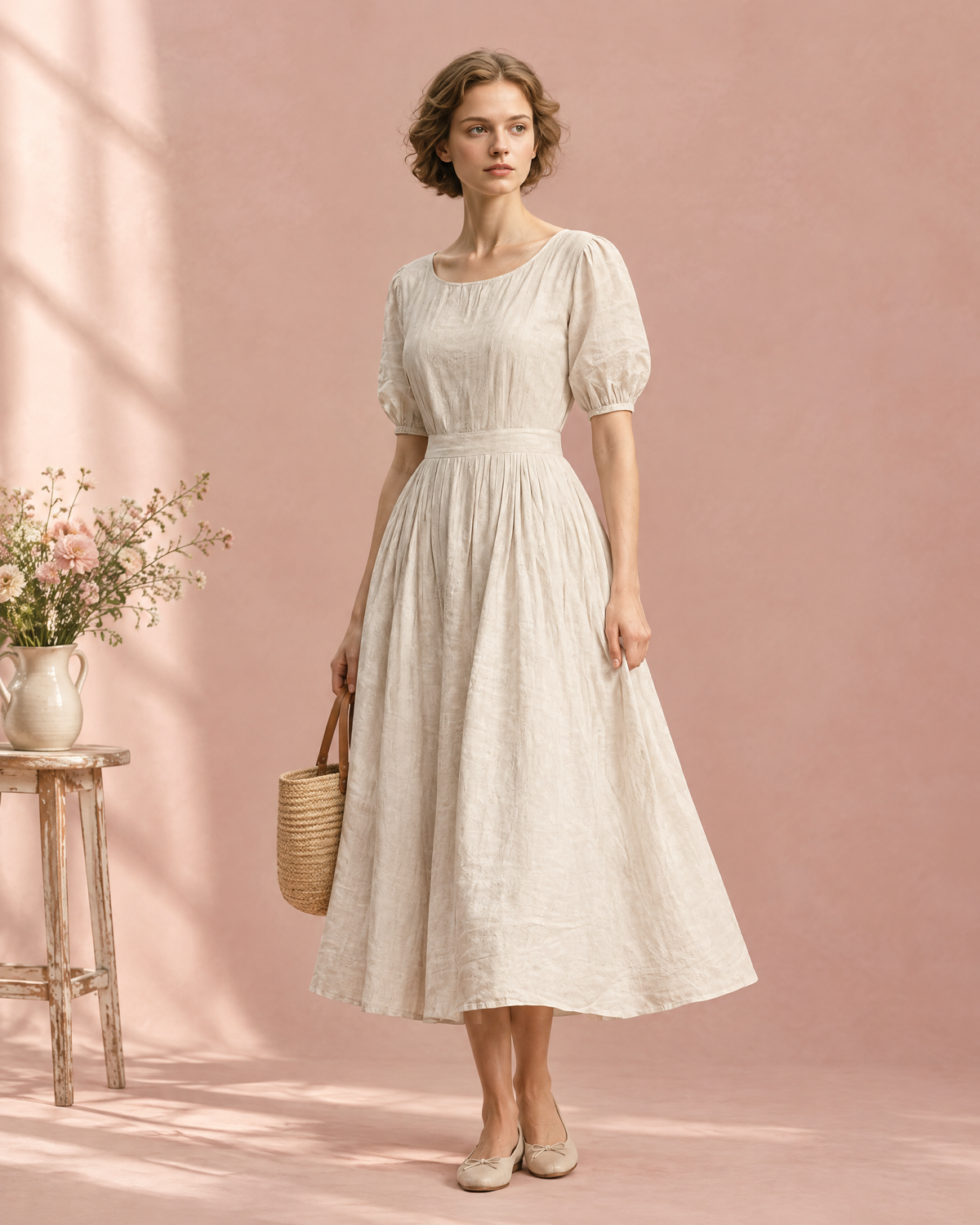 Natural oatmeal linen midi dress with short puff sleeves
