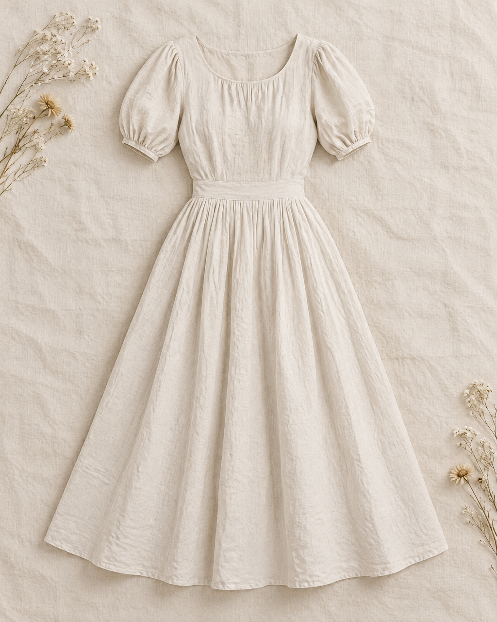 Natural oatmeal linen midi dress with short puff sleeves