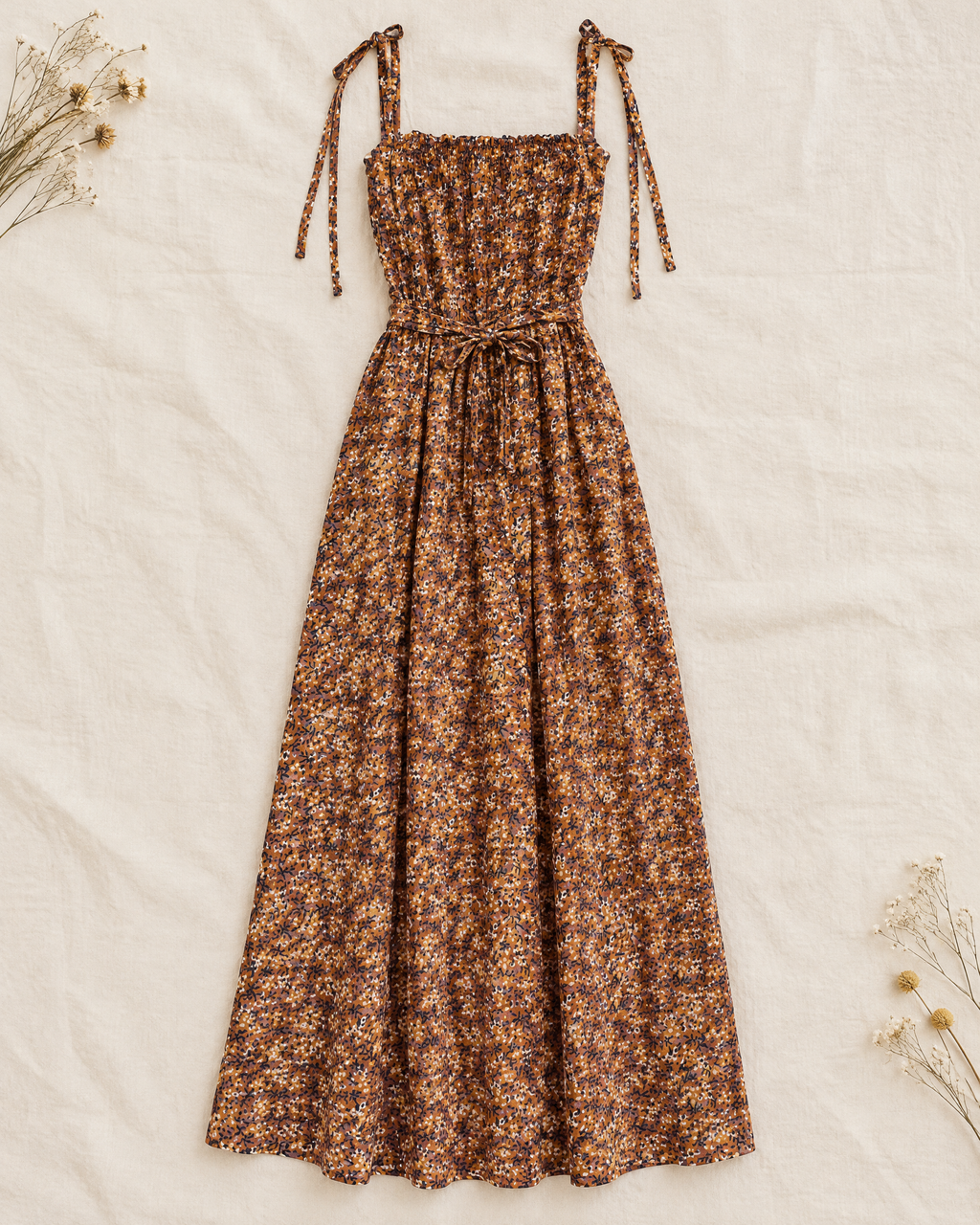Cinnamon brown ditsy floral cotton sundress with tie straps