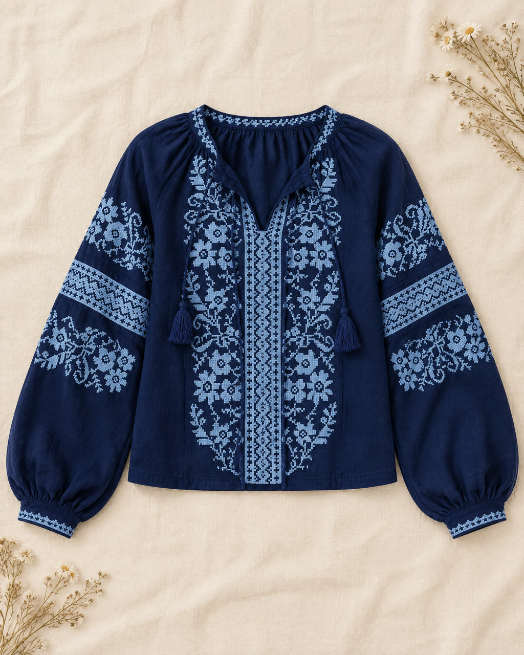Navy cotton peasant blouse with light blue floral embroidery