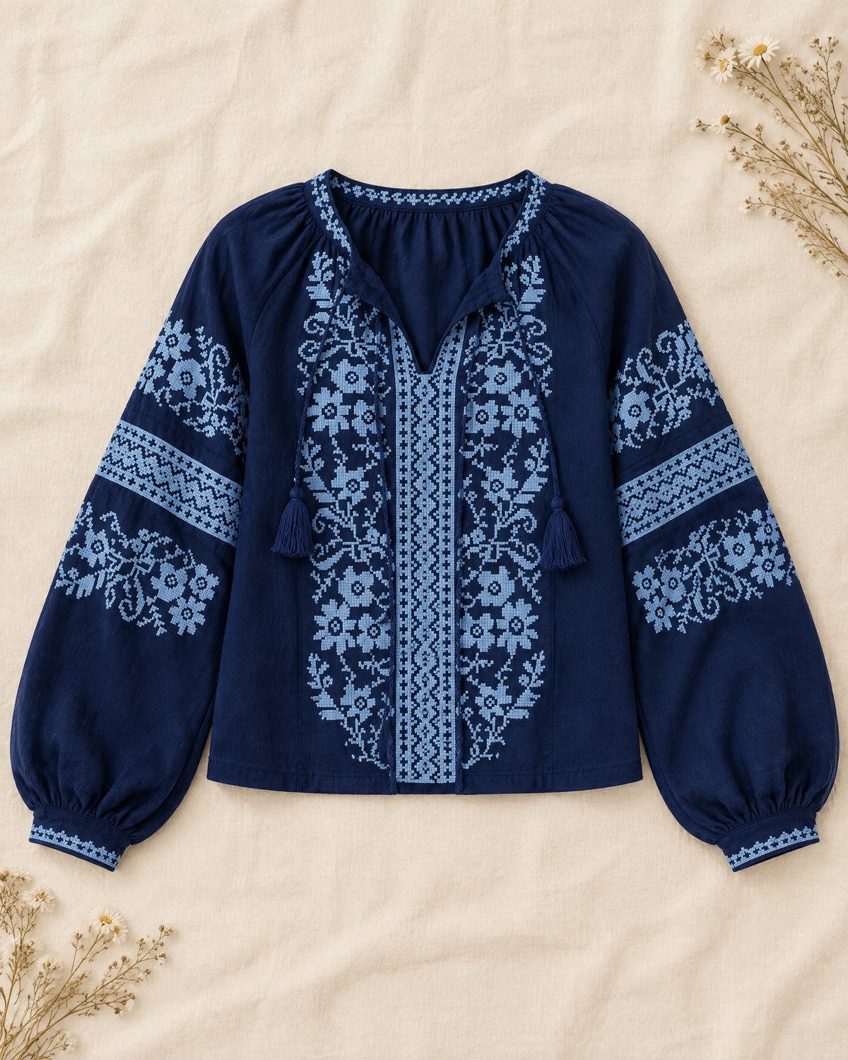 Navy cotton peasant blouse with light blue floral embroidery
