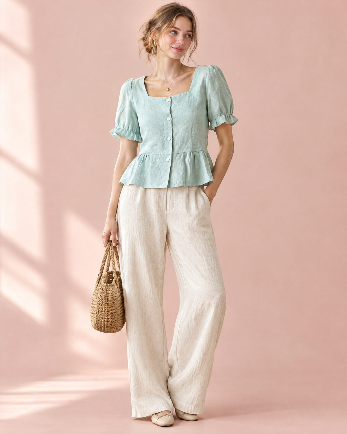 Seafoam mint linen peplum top with square neck and puff sleeves