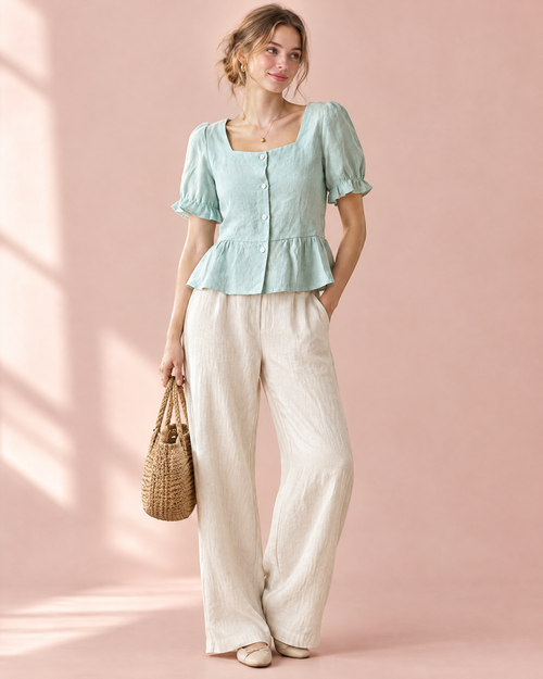 Seafoam mint linen peplum top with square neck and puff sleeves