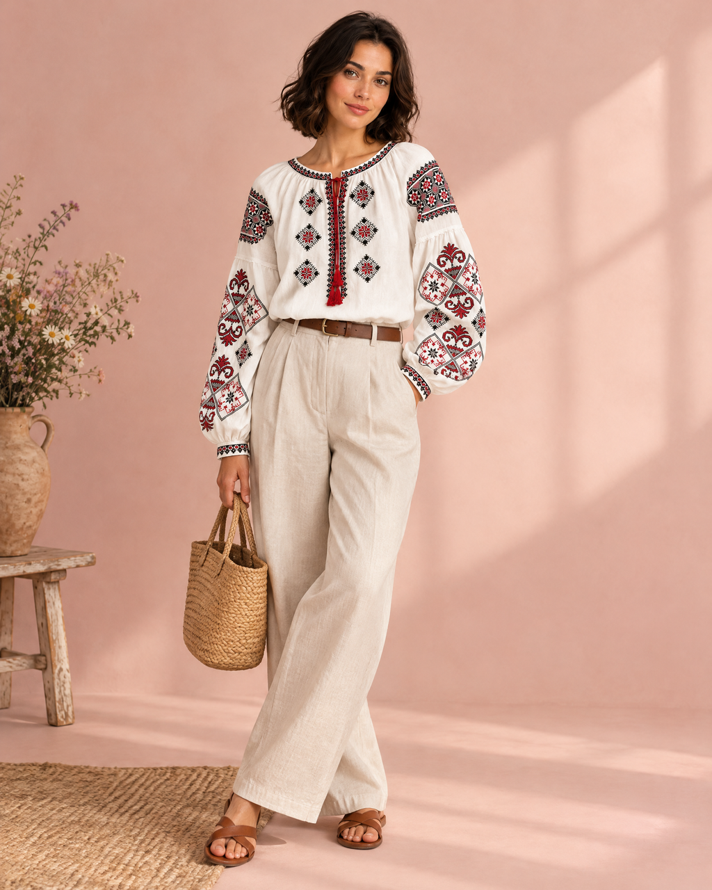 White cotton folk blouse with red and black geometric embroidery