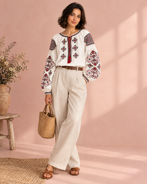 White cotton folk blouse with red and black geometric embroidery
