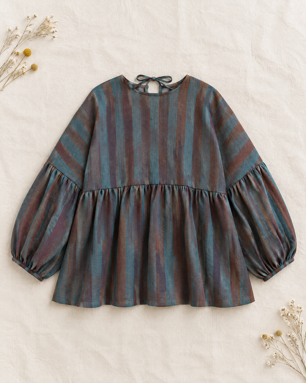 Oversized teal and rust striped linen peplum blouse