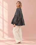 Oversized teal and rust striped linen peplum blouse
