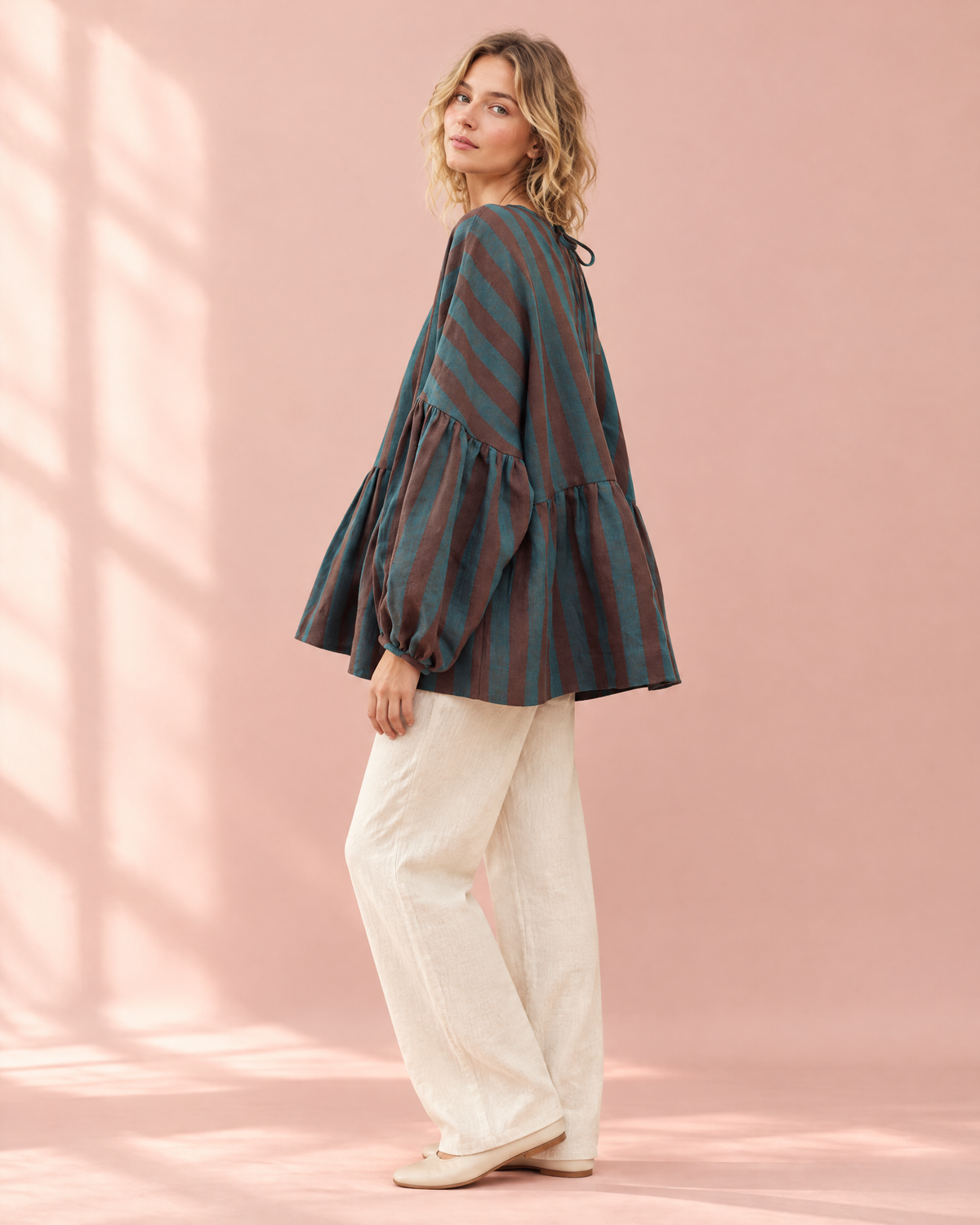 Oversized teal and rust striped linen peplum blouse