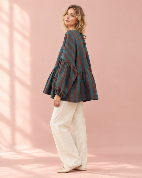 Oversized teal and rust striped linen peplum blouse