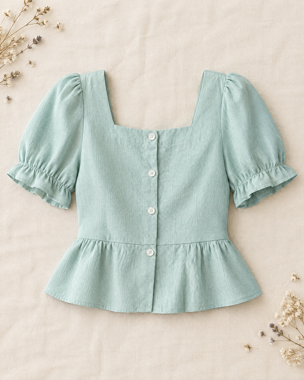 Seafoam mint linen peplum top with square neck and puff sleeves