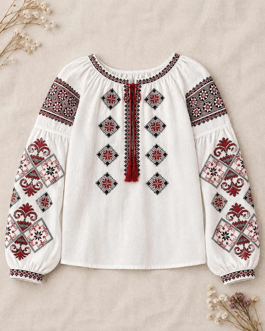 White cotton folk blouse with red and black geometric embroidery