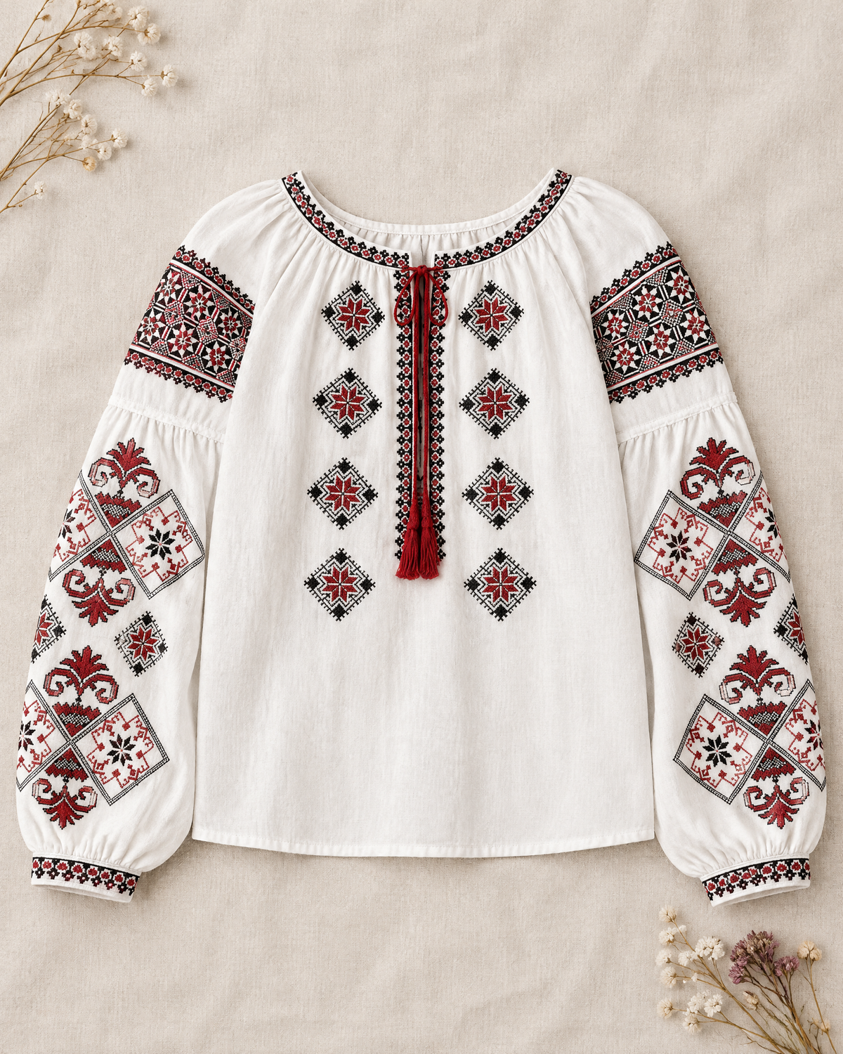 White cotton folk blouse with red and black geometric embroidery