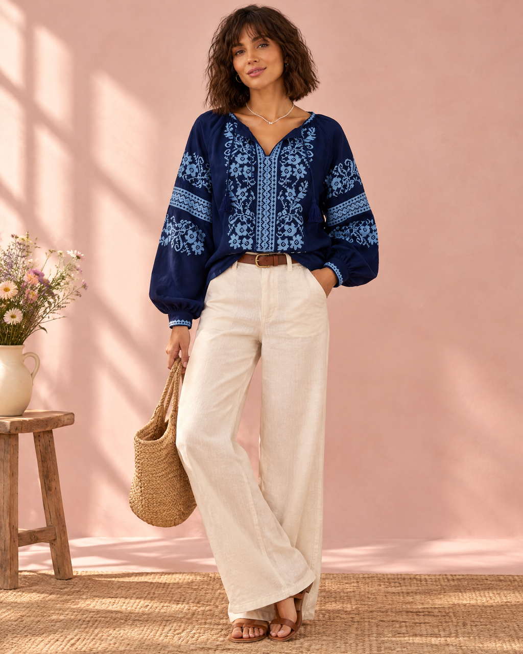 Navy cotton peasant blouse with light blue floral embroidery
