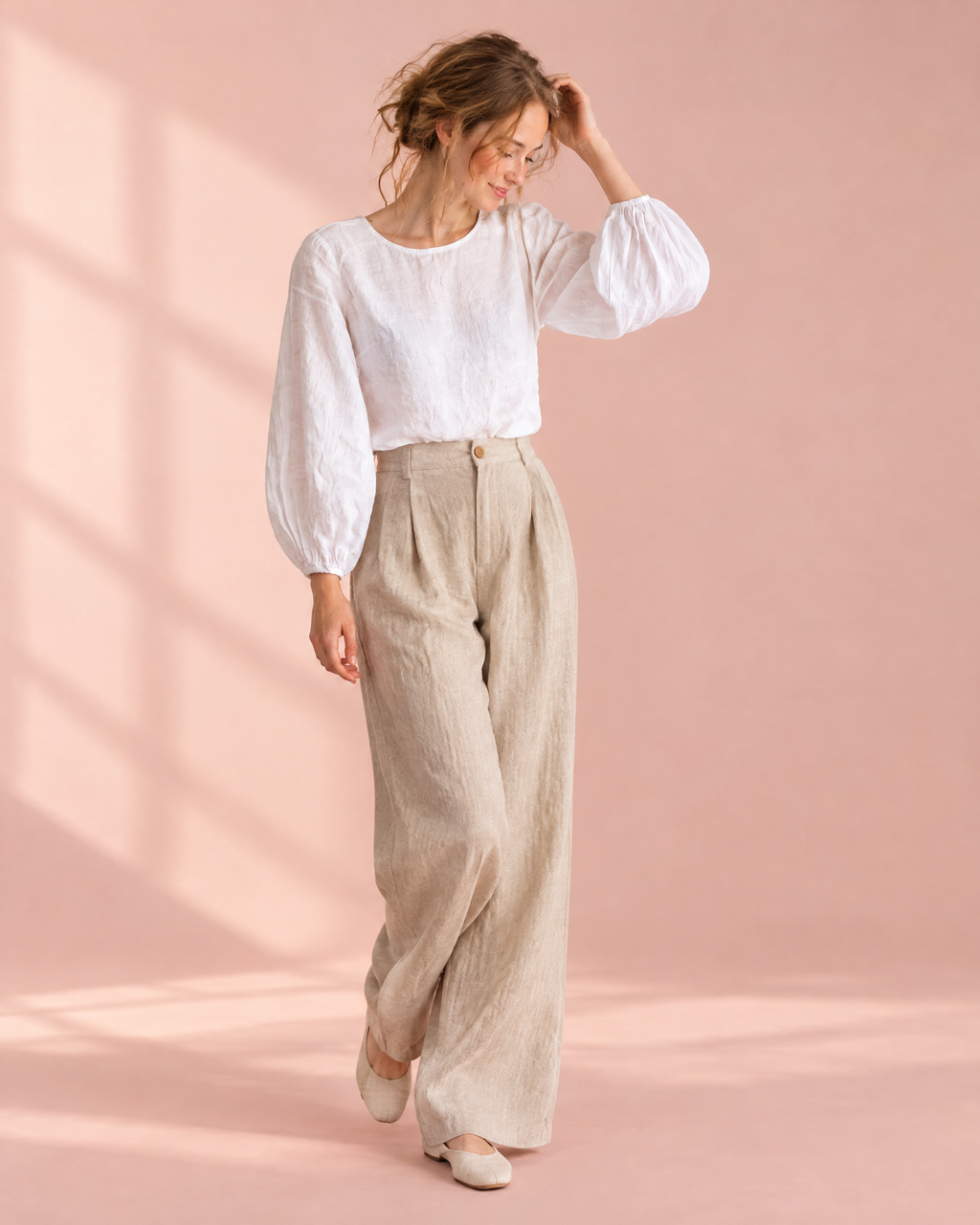 White linen blouse with long lantern sleeves