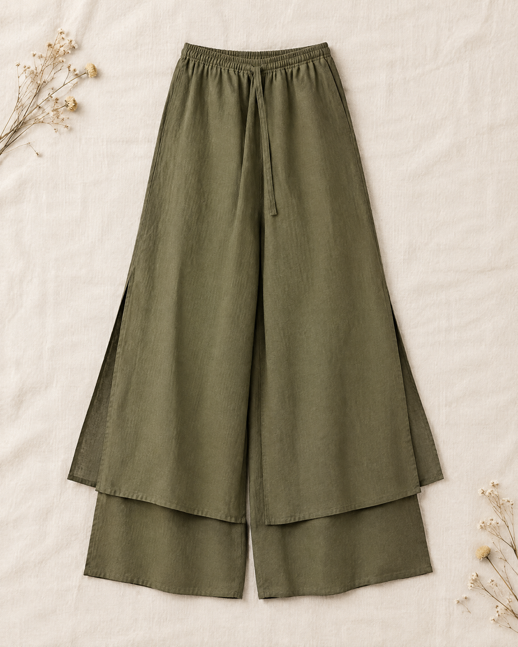 Olive green flowy wide leg linen skirt pants