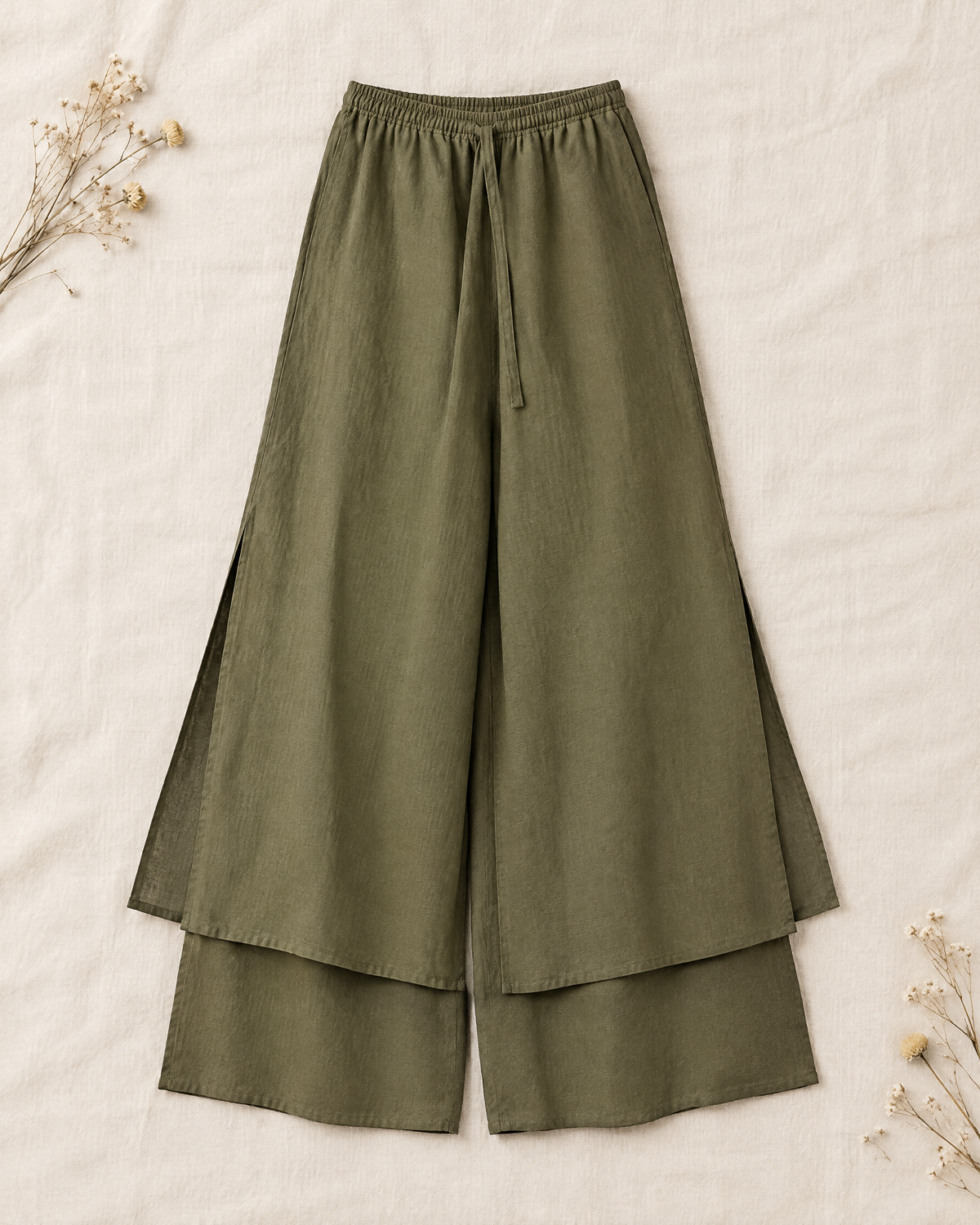 Olive green flowy wide leg linen skirt pants