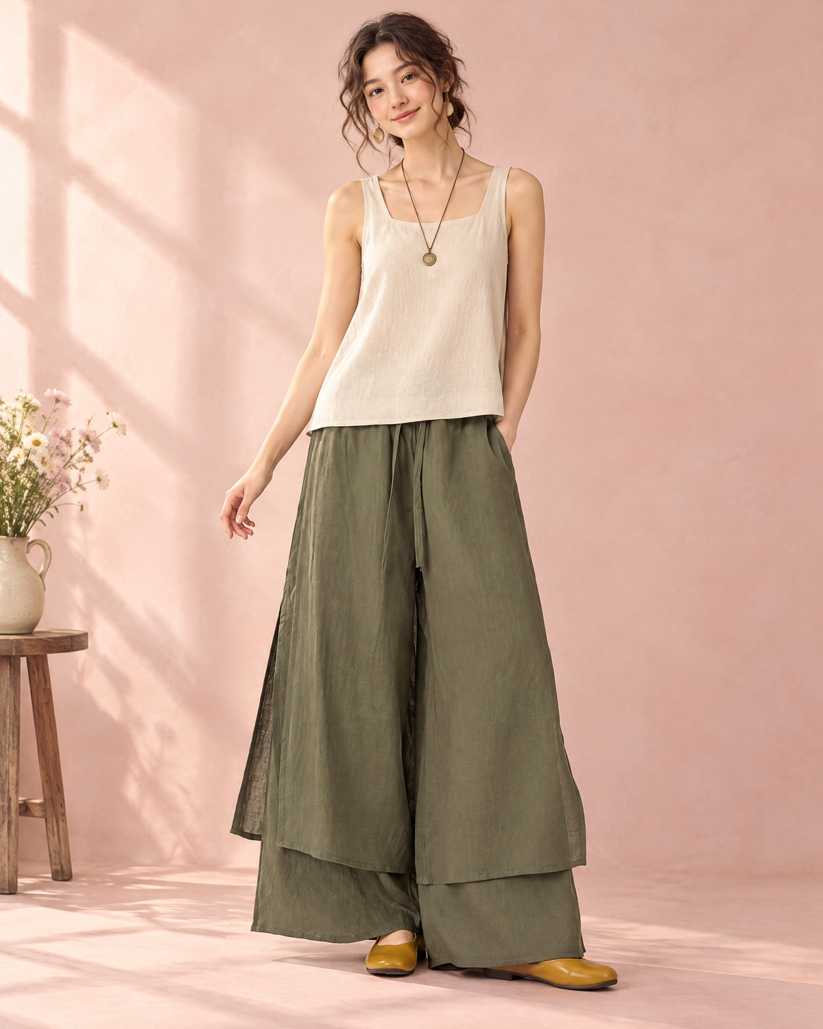 Olive green flowy wide leg linen skirt pants