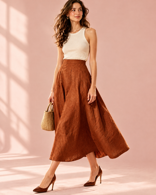 Paprika rust high waist pleated linen midi skirt
