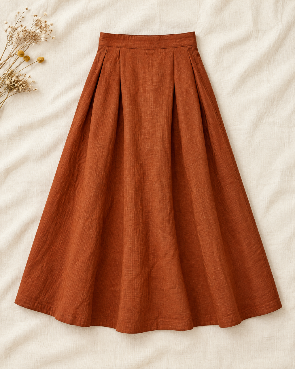 Paprika rust high waist pleated linen midi skirt