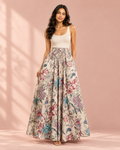 Taupe floral cotton A-line maxi skirt with pockets