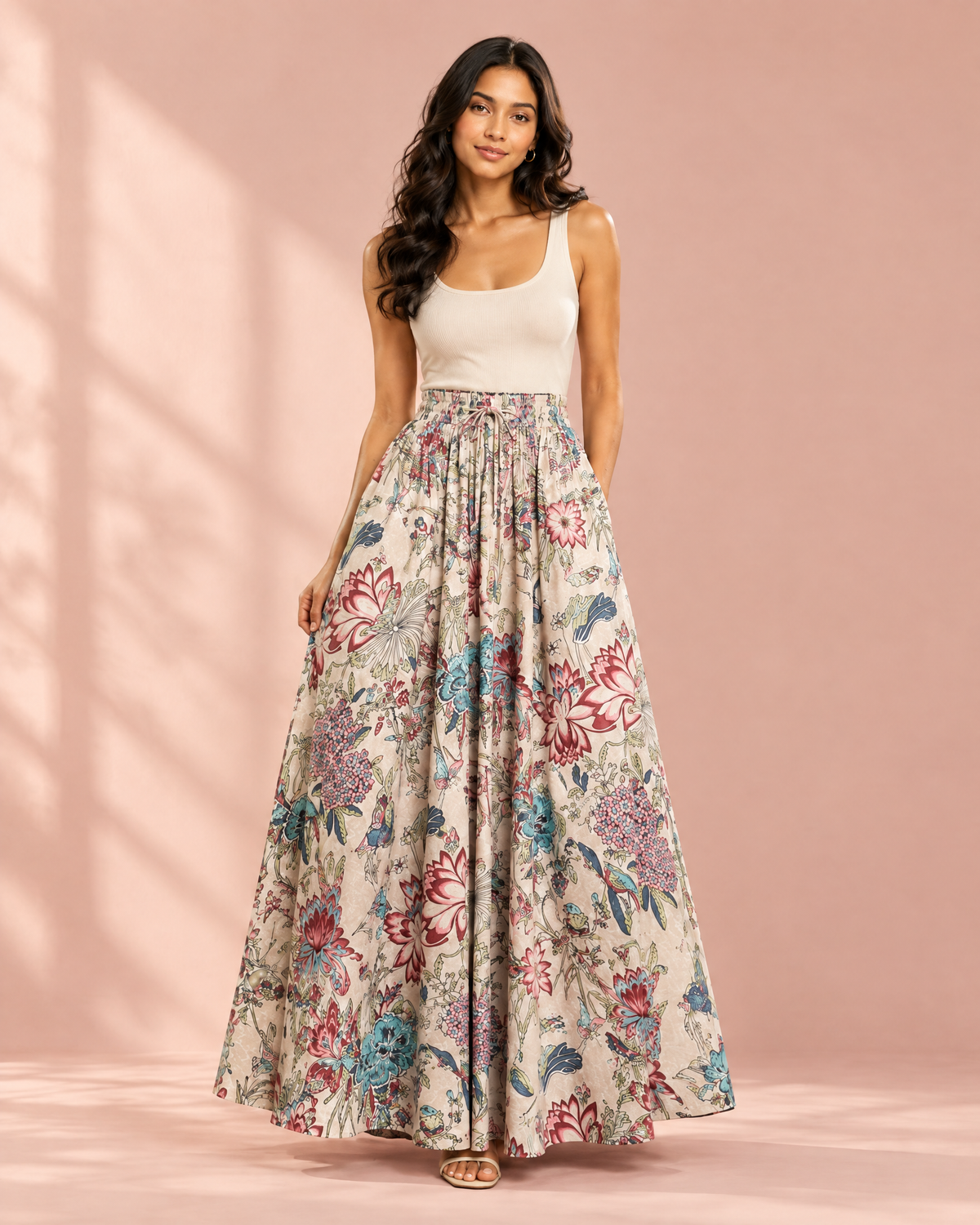 Taupe floral cotton A-line maxi skirt with pockets