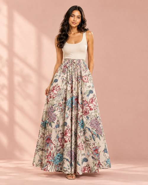 Taupe floral cotton A-line maxi skirt with pockets