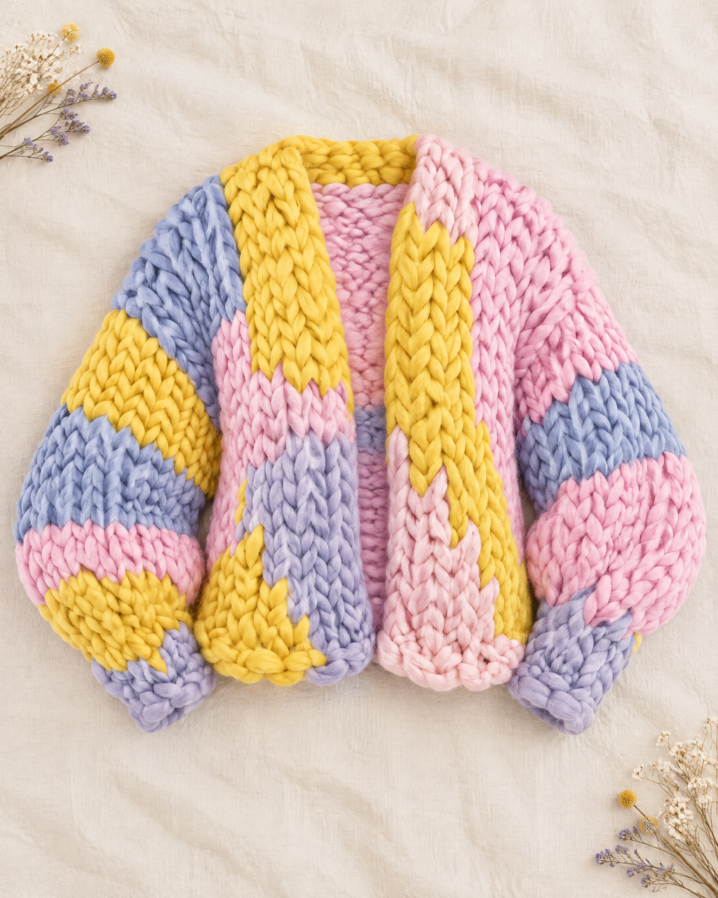 Chunky hand knit pastel colorblock cardigan with puff sleeves