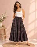 Black block print tiered cotton maxi skirt