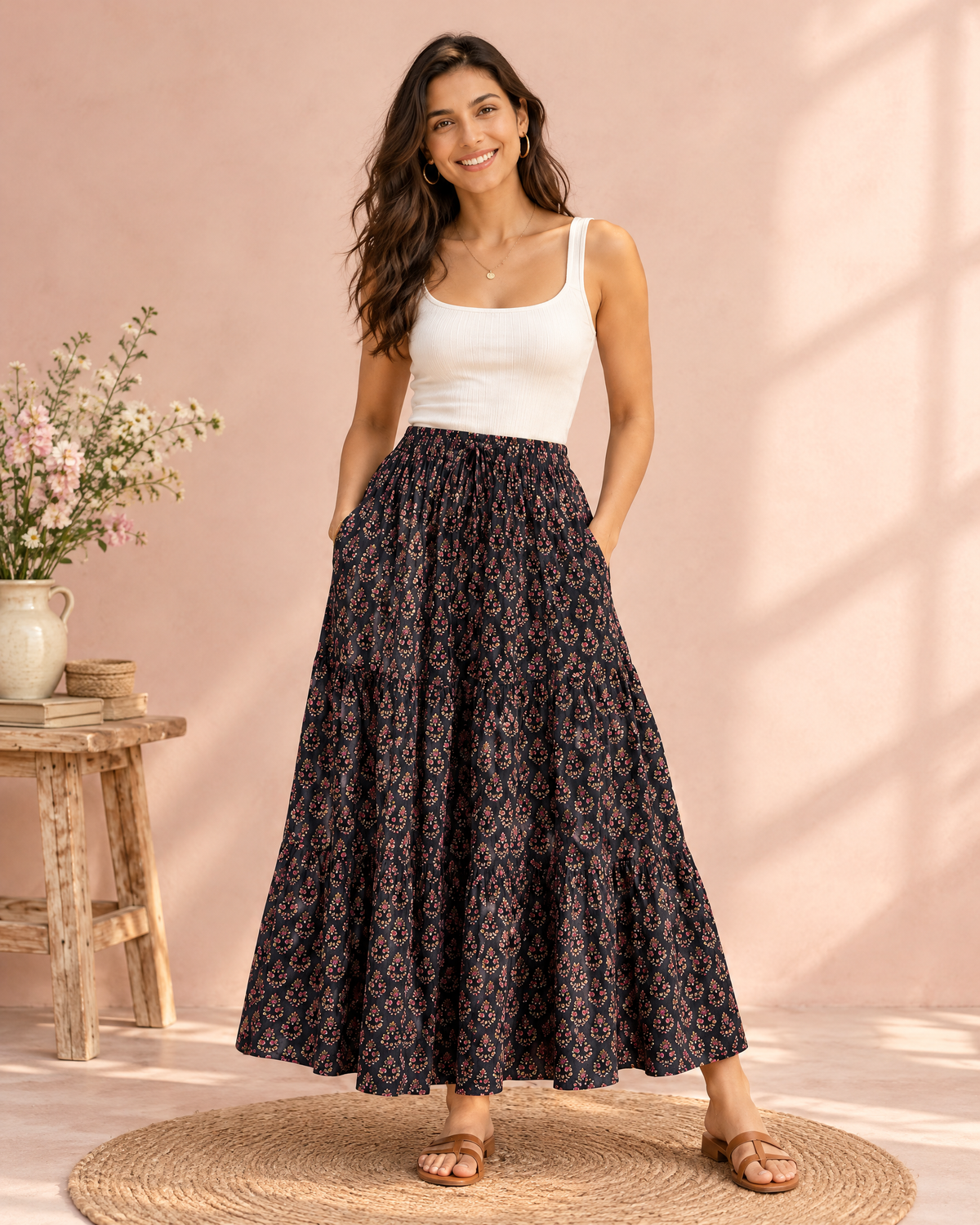 Black block print tiered cotton maxi skirt