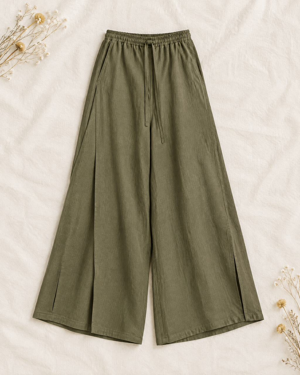 Olive green linen palazzo pants full length