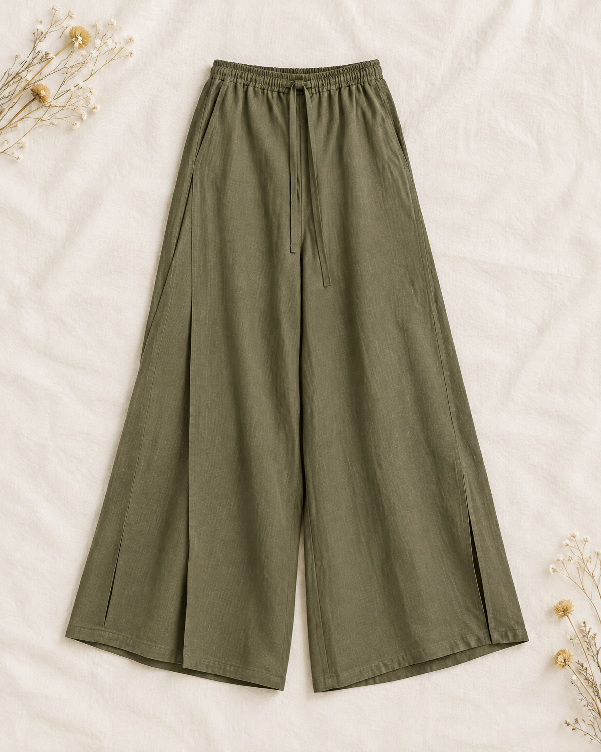 Olive green linen palazzo pants full length
