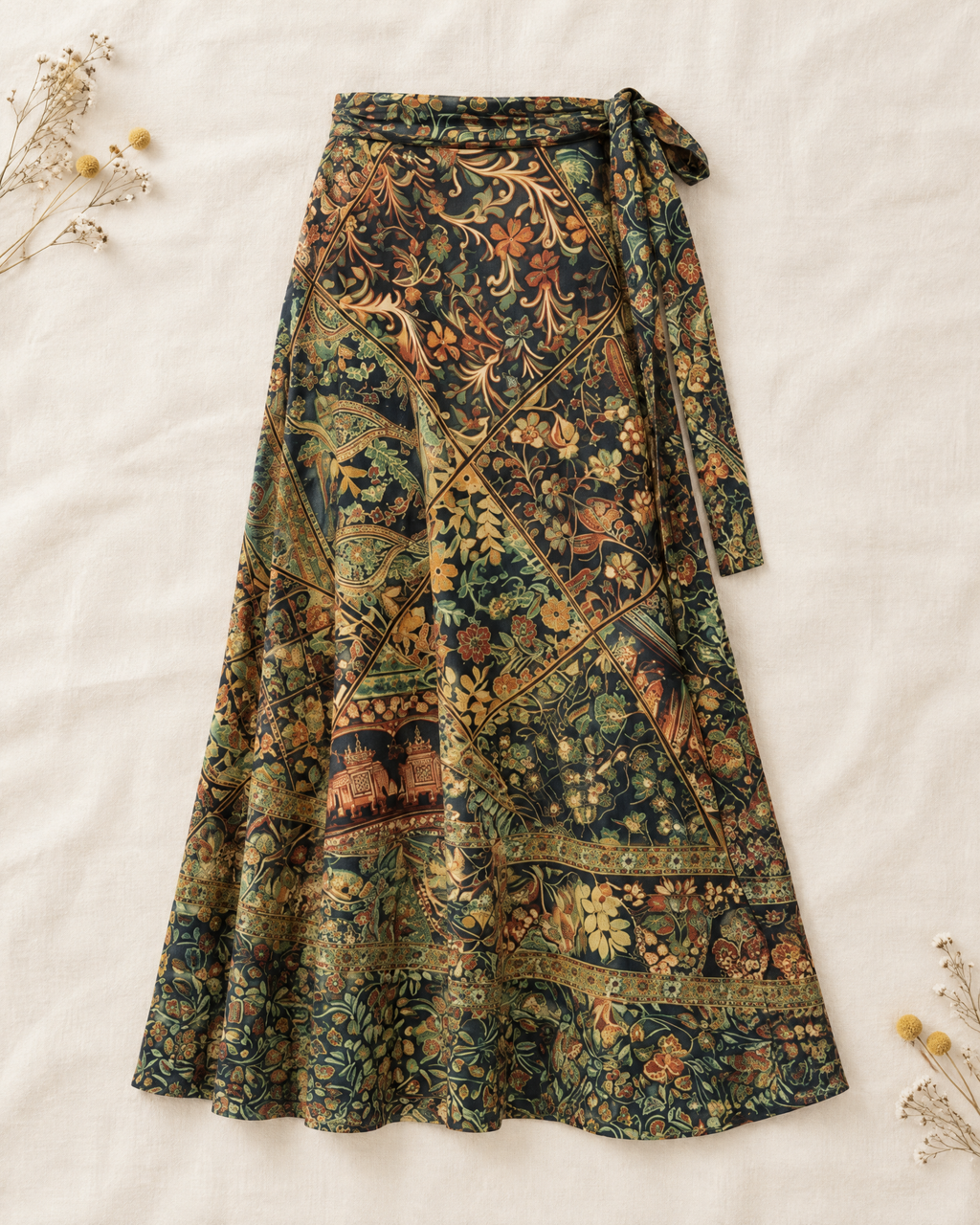 Olive and rust botanical print cotton wrap maxi skirt