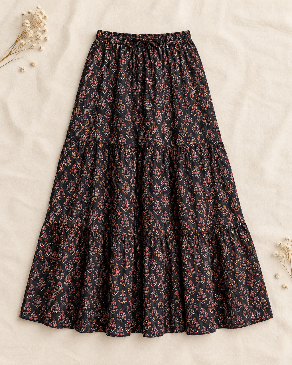 Black block print tiered cotton maxi skirt