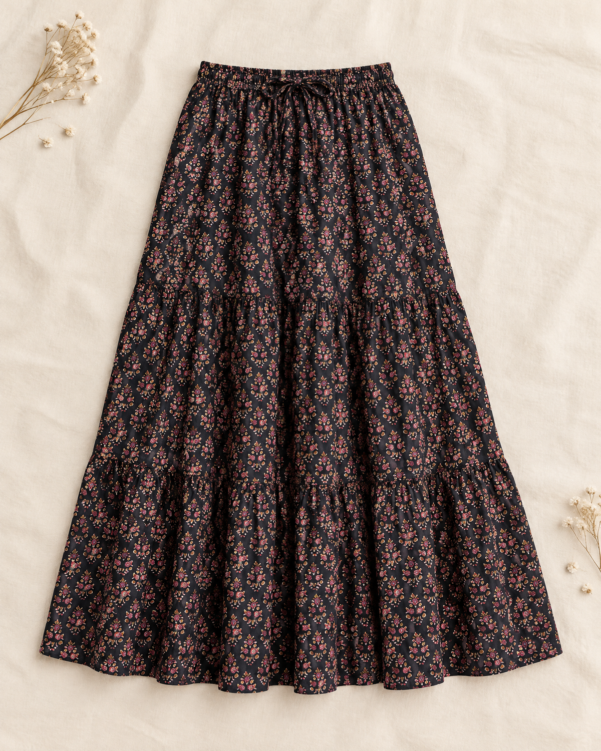 Black block print tiered cotton maxi skirt