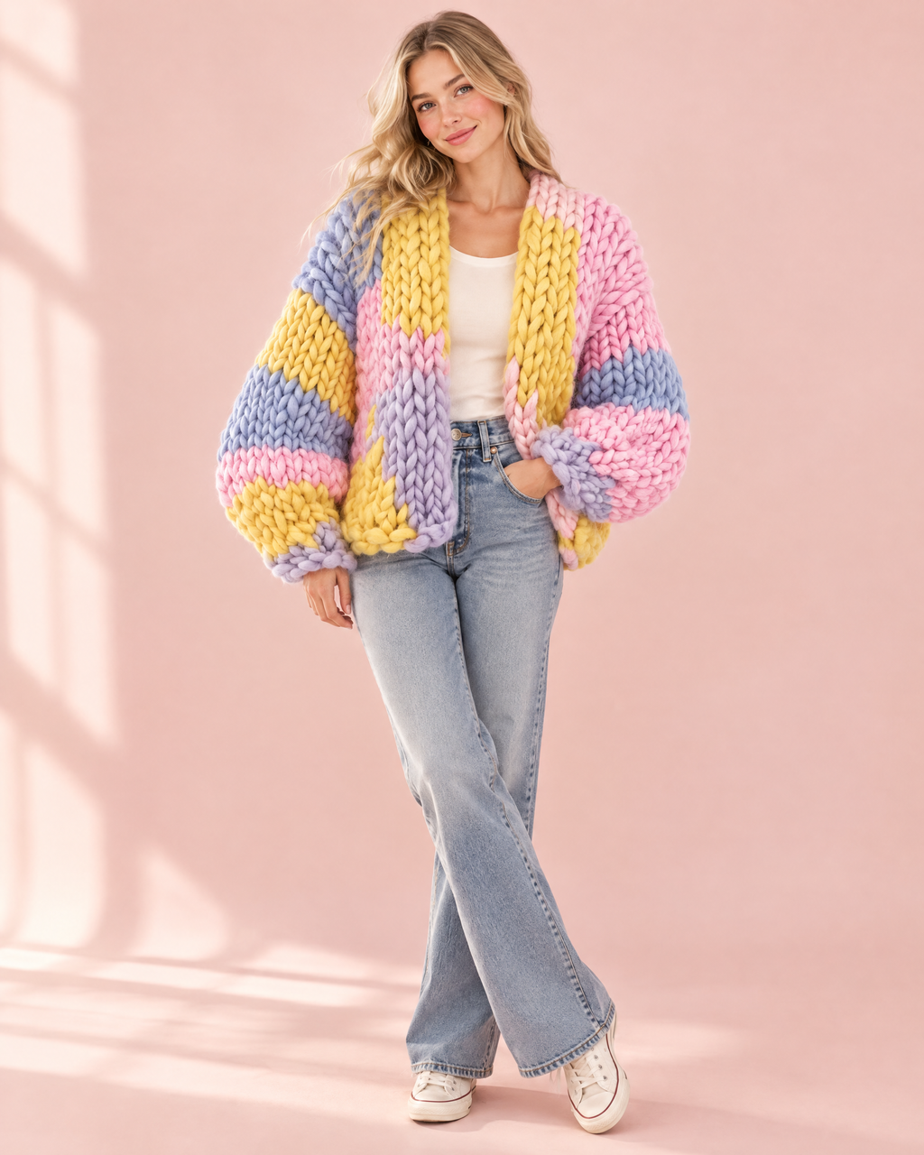 Chunky hand knit pastel colorblock cardigan with puff sleeves