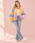 Chunky hand knit pastel colorblock cardigan with puff sleeves