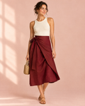 Burgundy linen wrap midi skirt with side tie