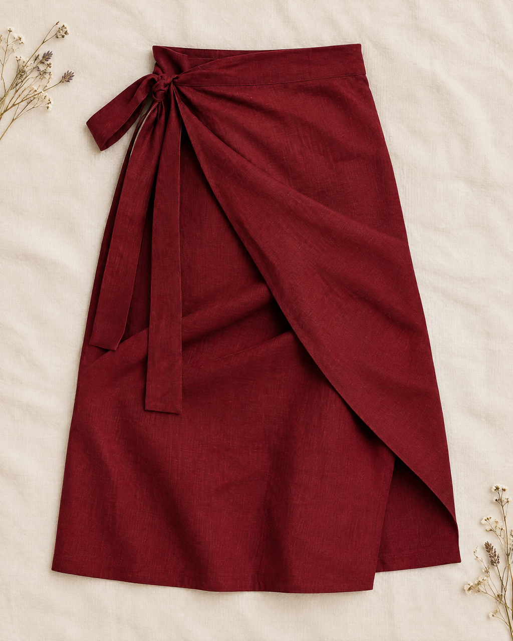 Burgundy linen wrap midi skirt with side tie