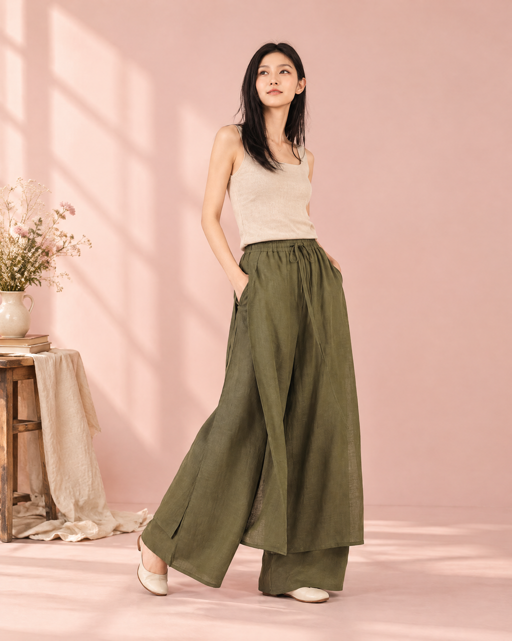 Olive green linen palazzo pants full length