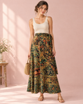 Olive and rust botanical print cotton wrap maxi skirt