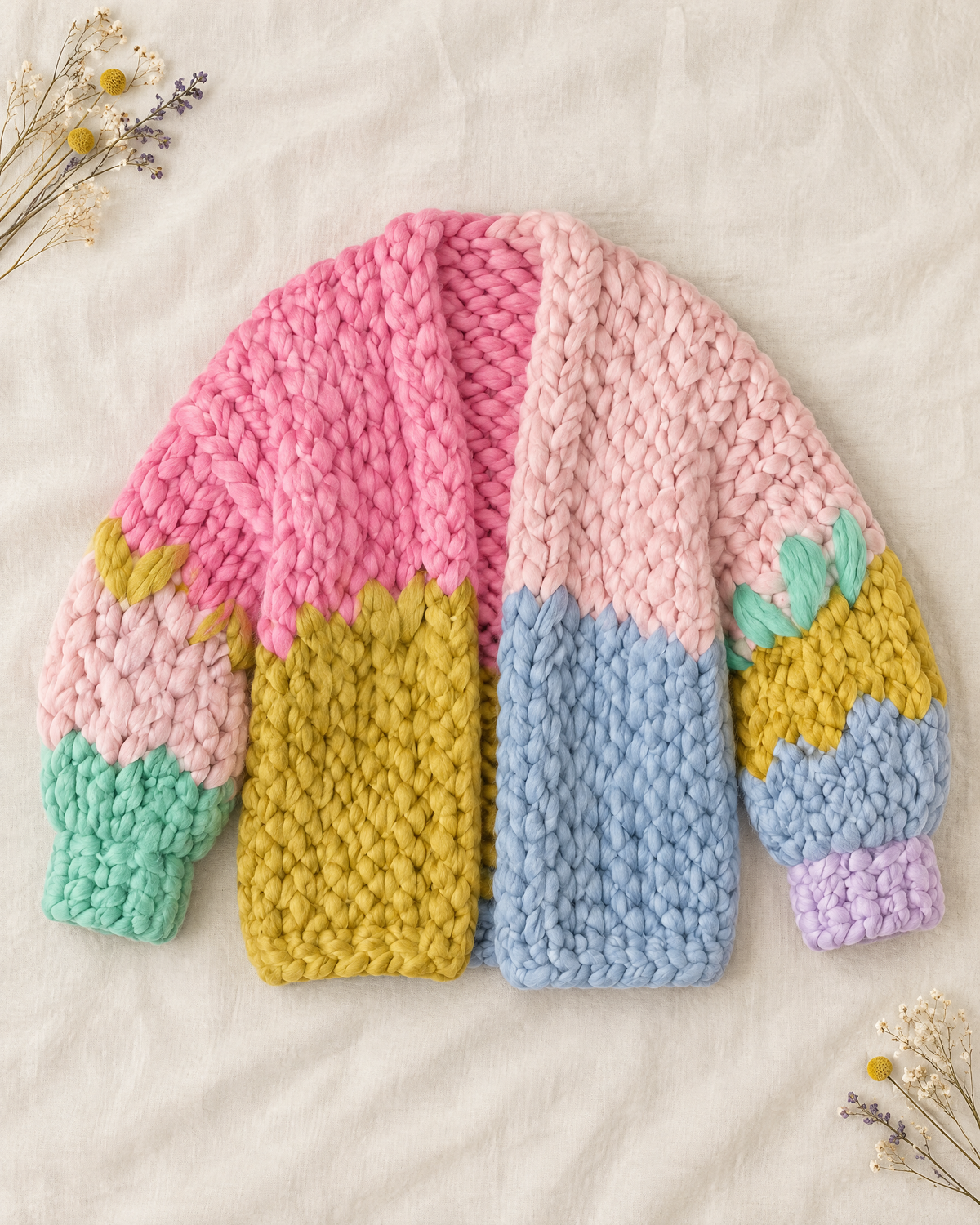 Pink pastel patchwork chunky merino wool cardigan