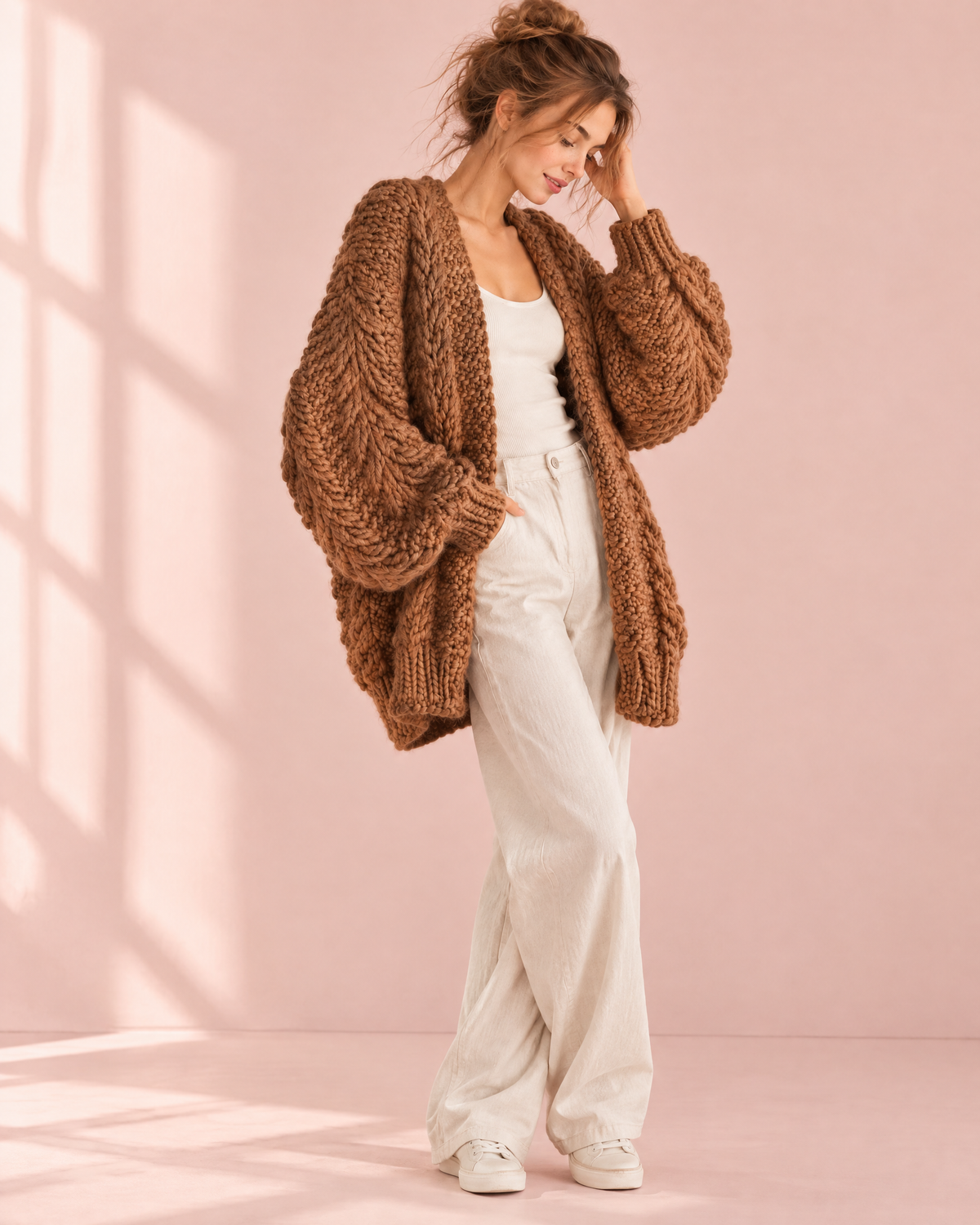 Cinnamon brown long slouchy alpaca knit cardigan