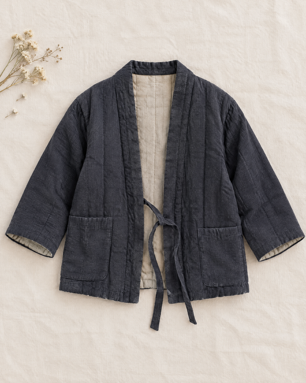 Slate navy quilted linen jacket with tie front