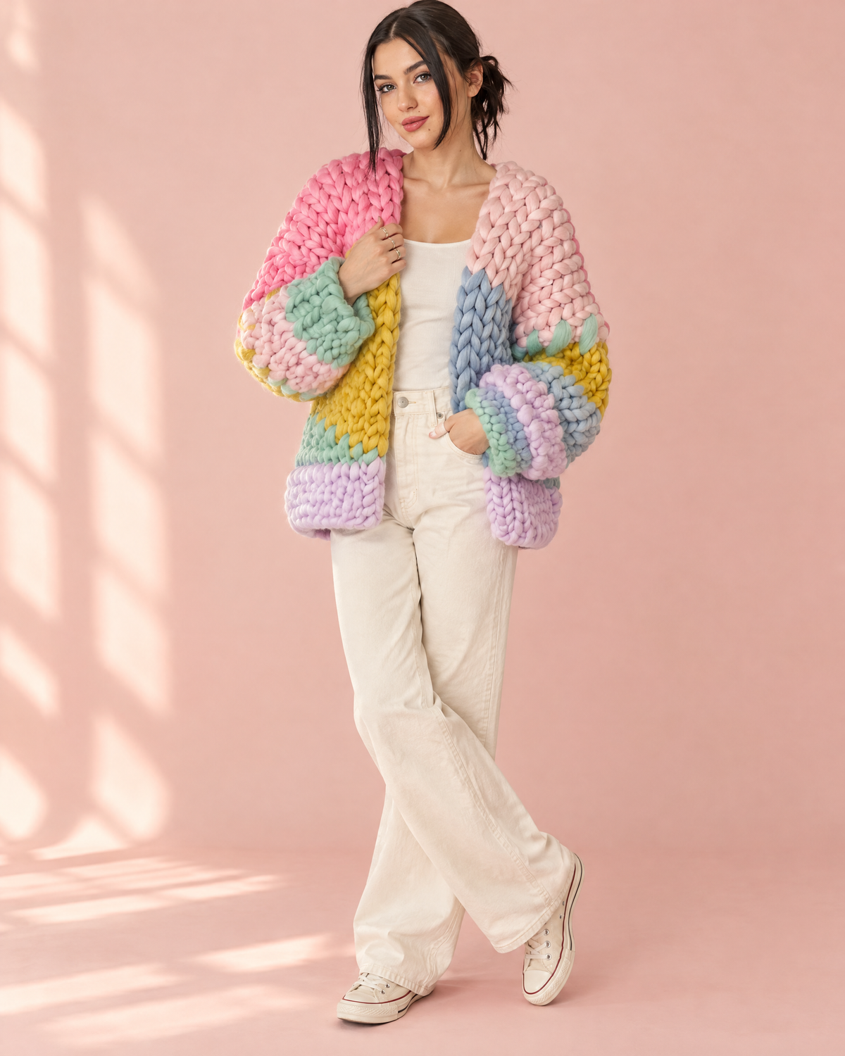 Pink pastel patchwork chunky merino wool cardigan