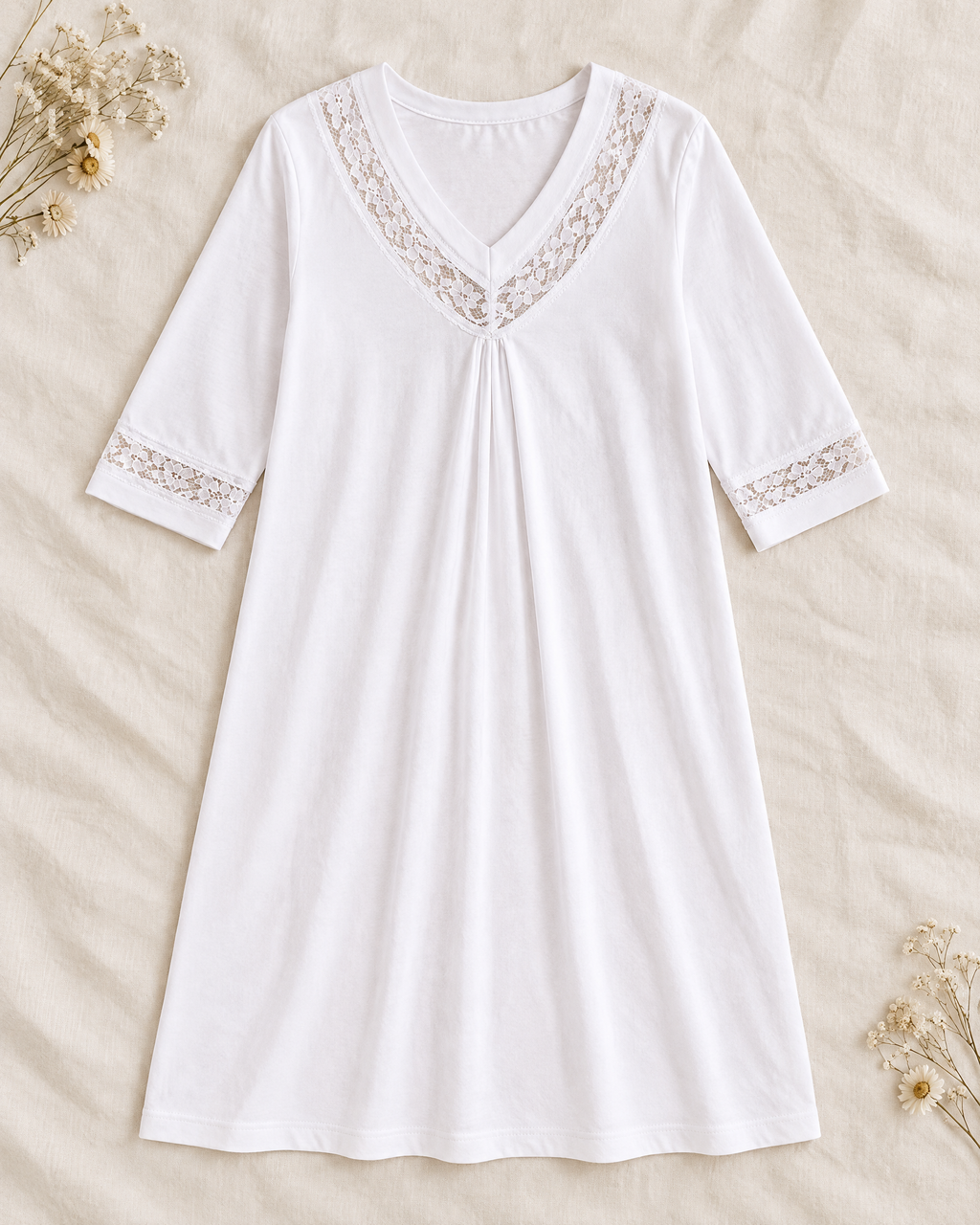 White organic cotton nightgown with lace V neckline