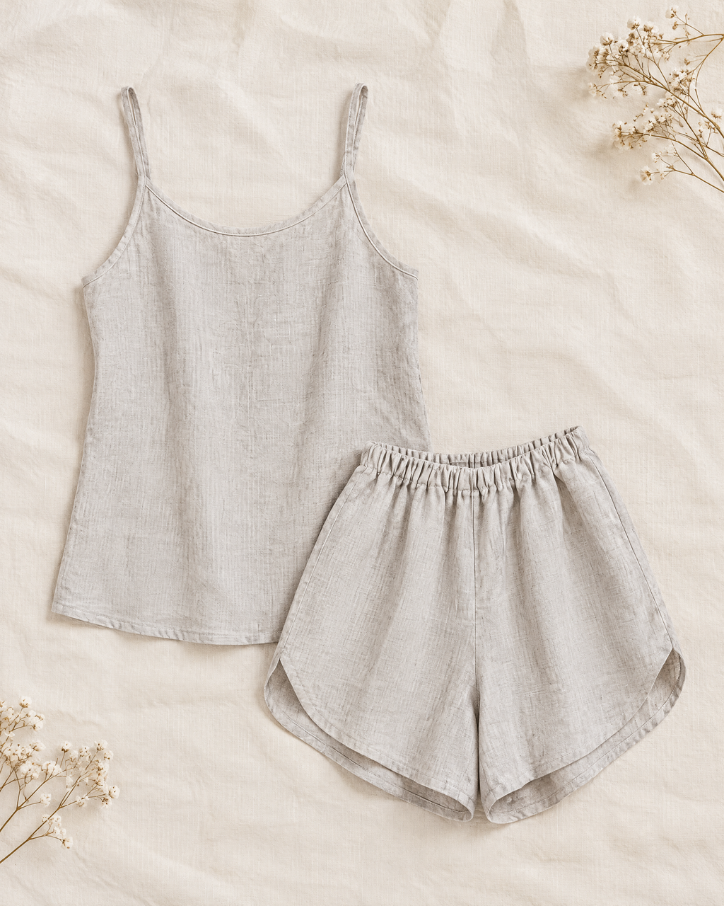 Natural oatmeal linen camisole and shorts pajama set