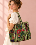 Sage green quilted velvet floral tote bag