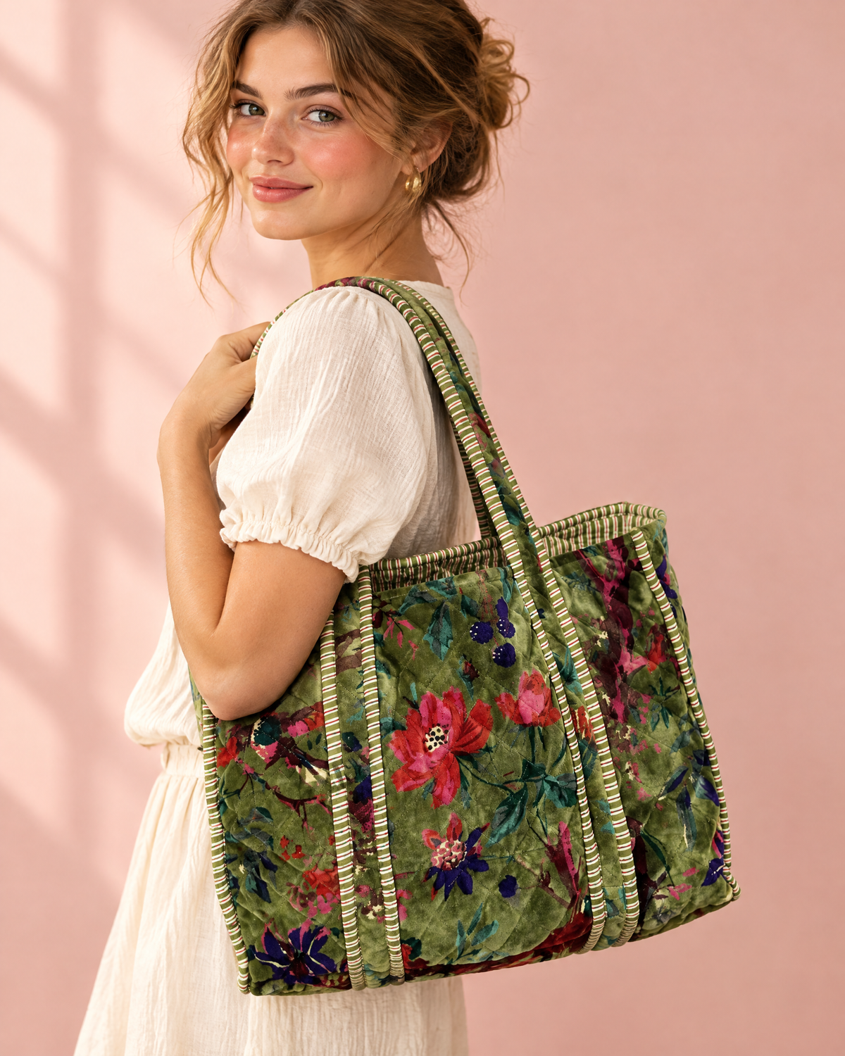 Sage green quilted velvet floral tote bag