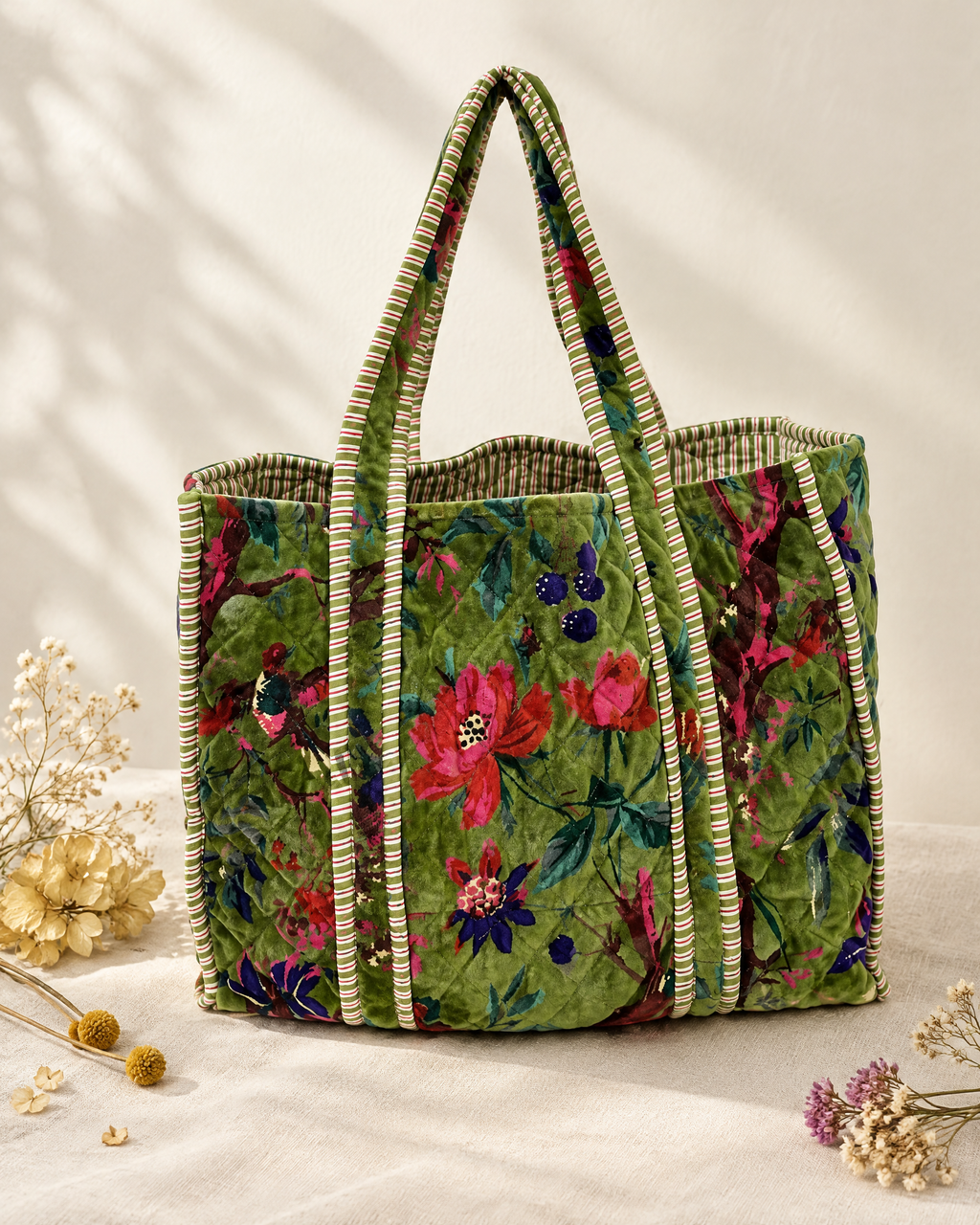Sage green quilted velvet floral tote bag